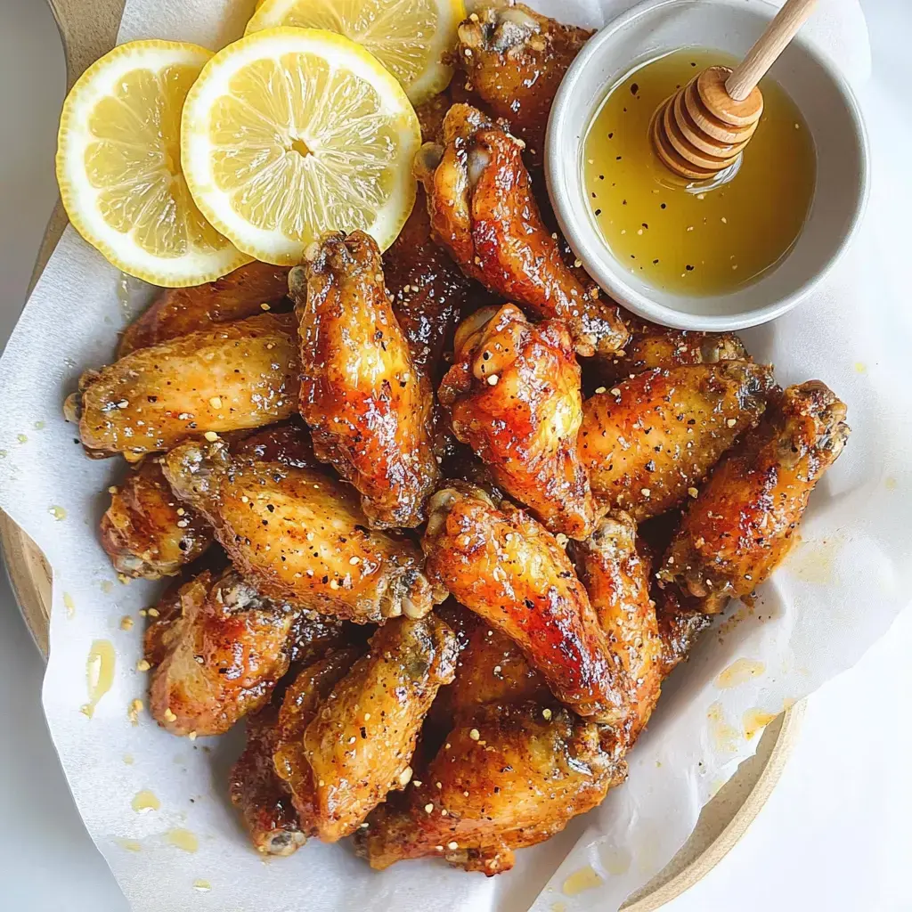 Un gros plan d’ailes de poulet croustillantes arrosées de miel, accompagnées de tranches de citron et d’un petit pot de miel avec une cuillère.