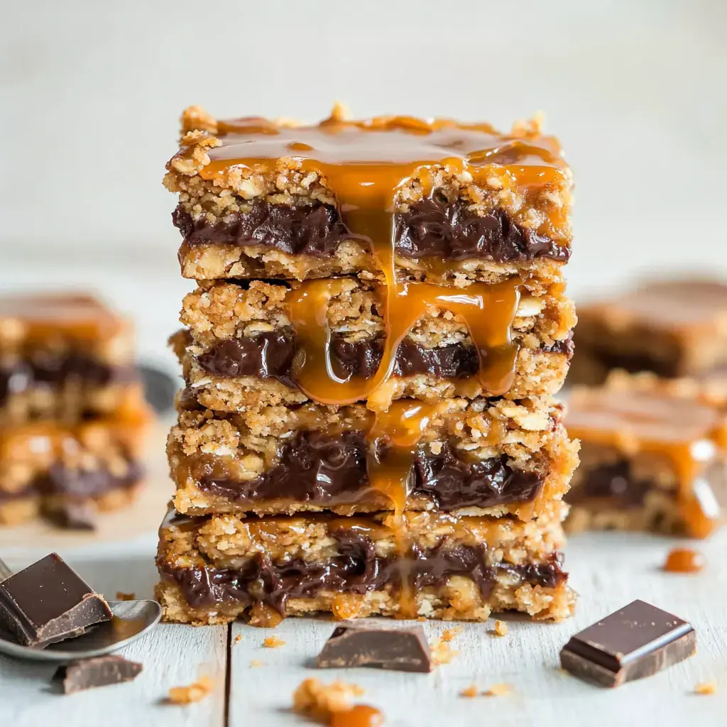 Un empilement de barres dessert garnies de chocolat et nappées de caramel, accompagné de morceaux de chocolat sur une surface en bois.