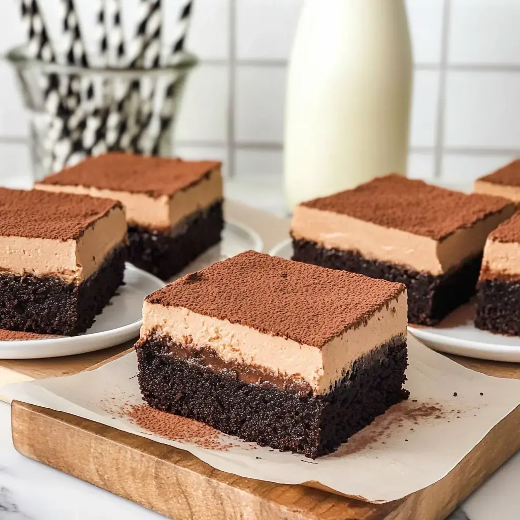 Un gros plan de carrés de dessert chocolatés avec une couche crémeuse sur le dessus, saupoudrés de cacao et placés sur une planche de bois et des assiettes blanches.