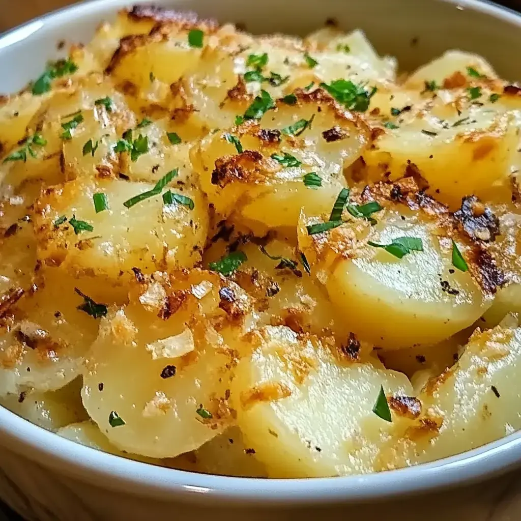 Zoom sur un plat de pommes de terre dorées, crémeuses et décorées de persil haché.