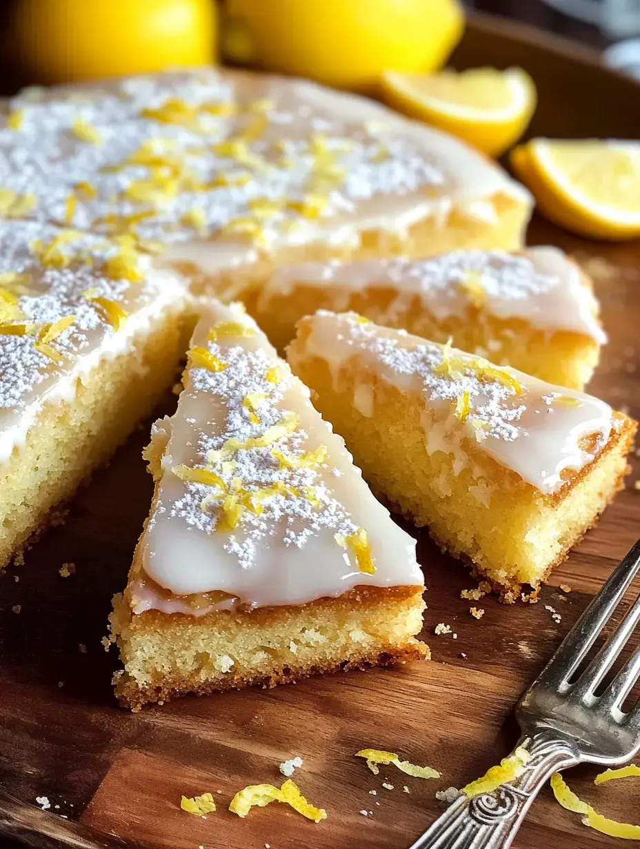 Un gâteau au citron garni de glaçage et de zeste de citron partiellement découpé et servi sur un plateau en bois, avec des citrons entiers en arrière-plan.