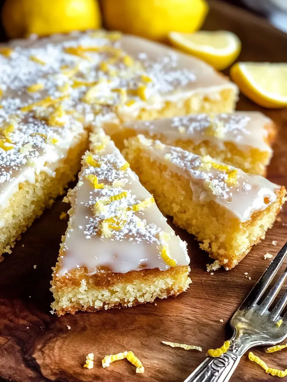 Un gâteau au citron tranché recouvert d'un glaçage brillant et de sucre glace, garni de zeste de citron, sur une surface en bois avec des citrons entiers en arrière-plan.