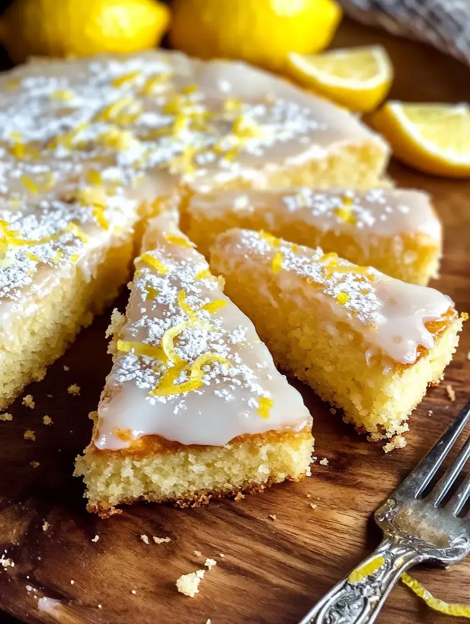 Une tranche de gâteau au citron glacé, garnie de sucre glace et de zeste de citron, positionnée sur une planche en bois avec des citrons entiers et des quartiers de citron en arrière-plan.
