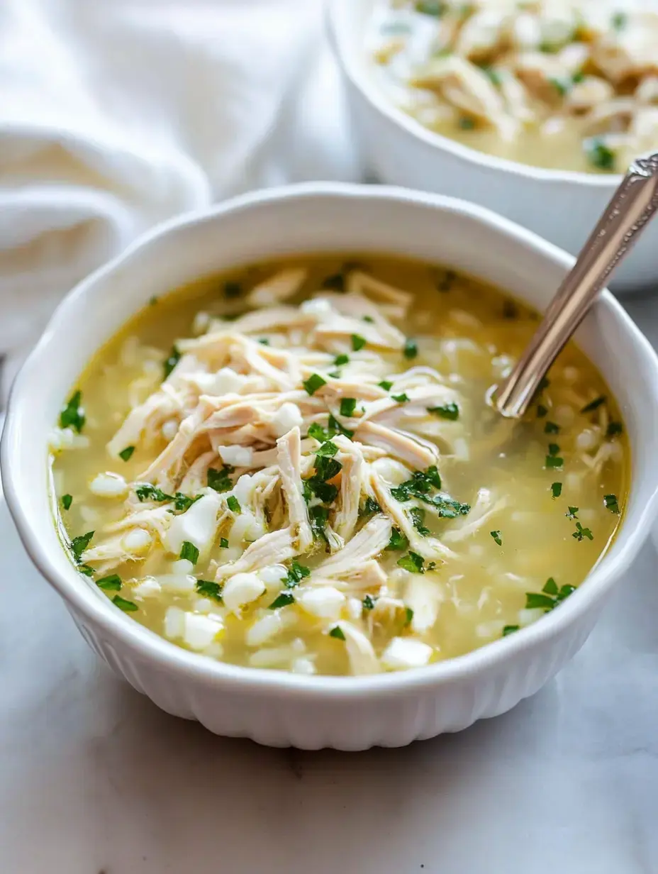 Un bol de soupe au poulet avec du poulet effiloché, des herbes et des petits morceaux de légumes dans un bouillon clair.