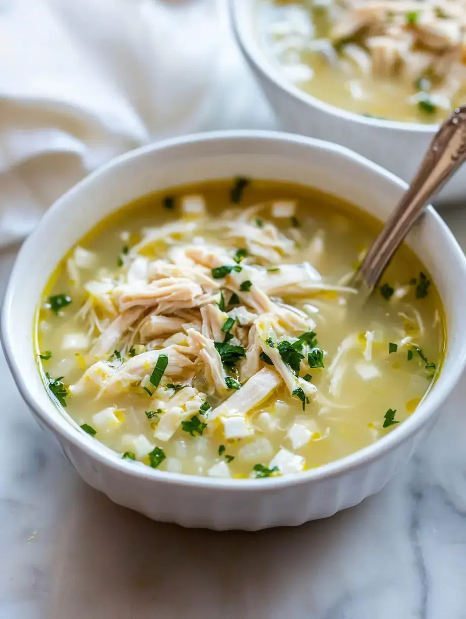 Un gros plan d'un bol de soupe au poulet garni de poulet émietté et d'herbes hachées, posé sur une surface en marbre.