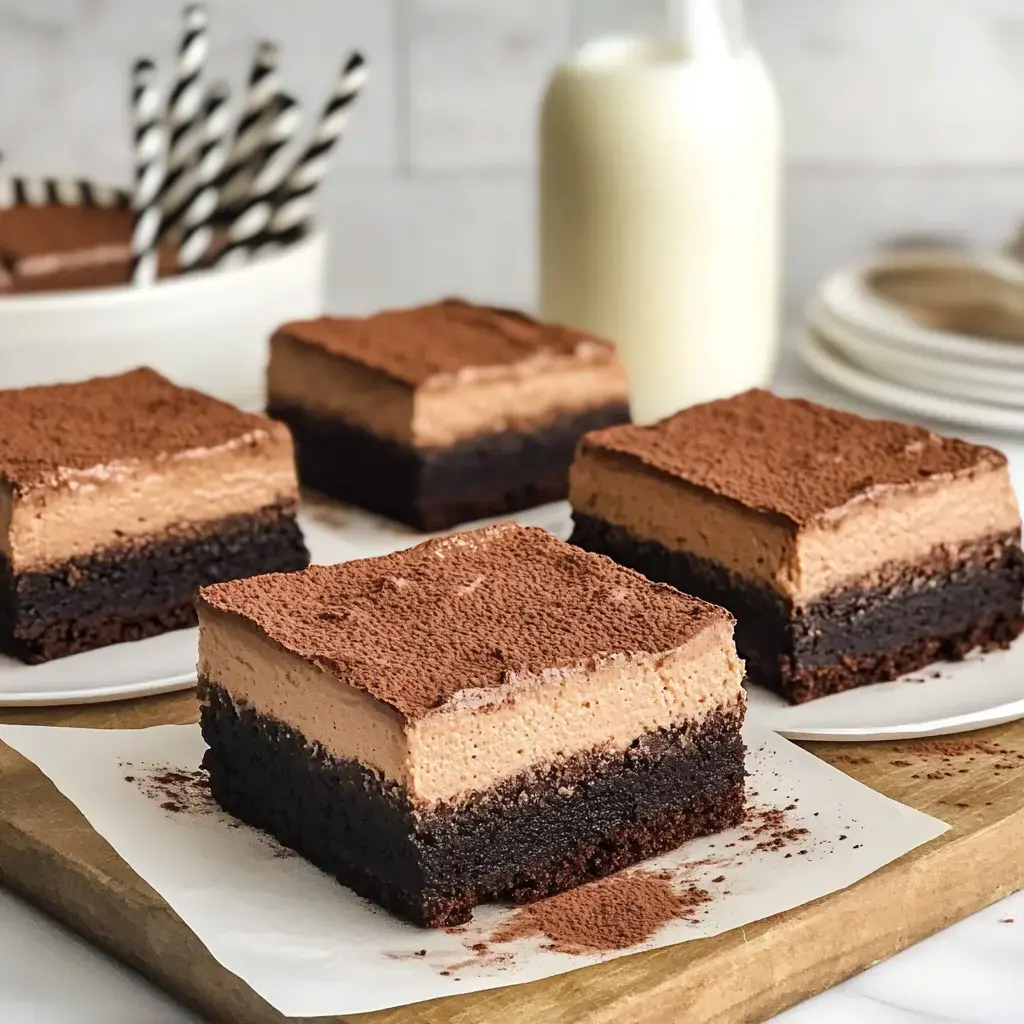 Gros plan de desserts au chocolat en couches avec une garniture crémeuse, servis sur une planche en bois à côté d'une bouteille de lait et de pailles rayées.