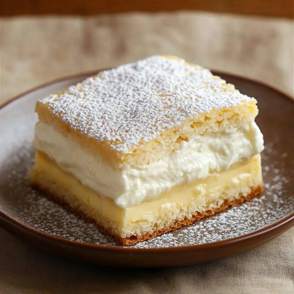 Une part de dessert crémeux en couches saupoudrée de sucre glace sur une assiette marron.