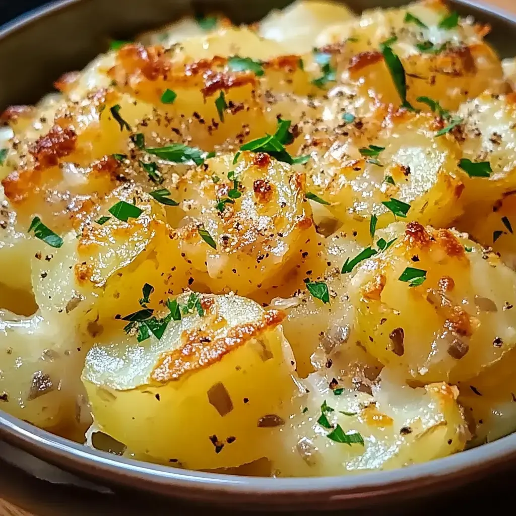 Une image en gros plan de pommes de terre rôties dorées garnies d'herbes et d'épices dans un plat de service.