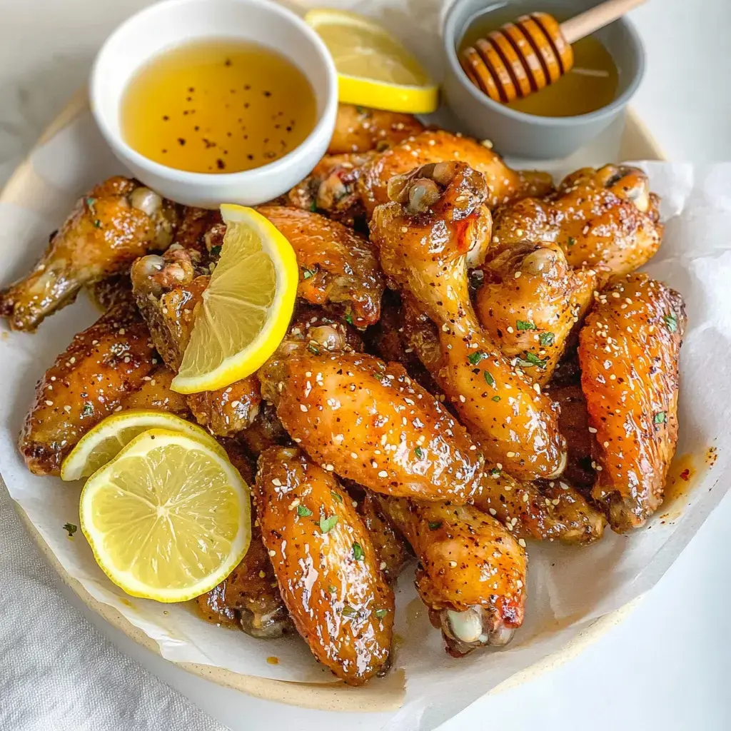 Un plateau d'ailes de poulet brillantes glacées au miel est garni de tranches de citron et accompagné de petits bols de sauce et de miel.