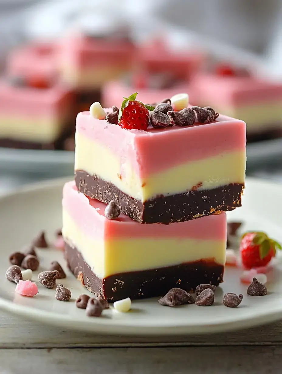 Gros plan de deux carrés de dessert colorés superposés sur une assiette, garnis d'une fraise et de pépites de chocolat.