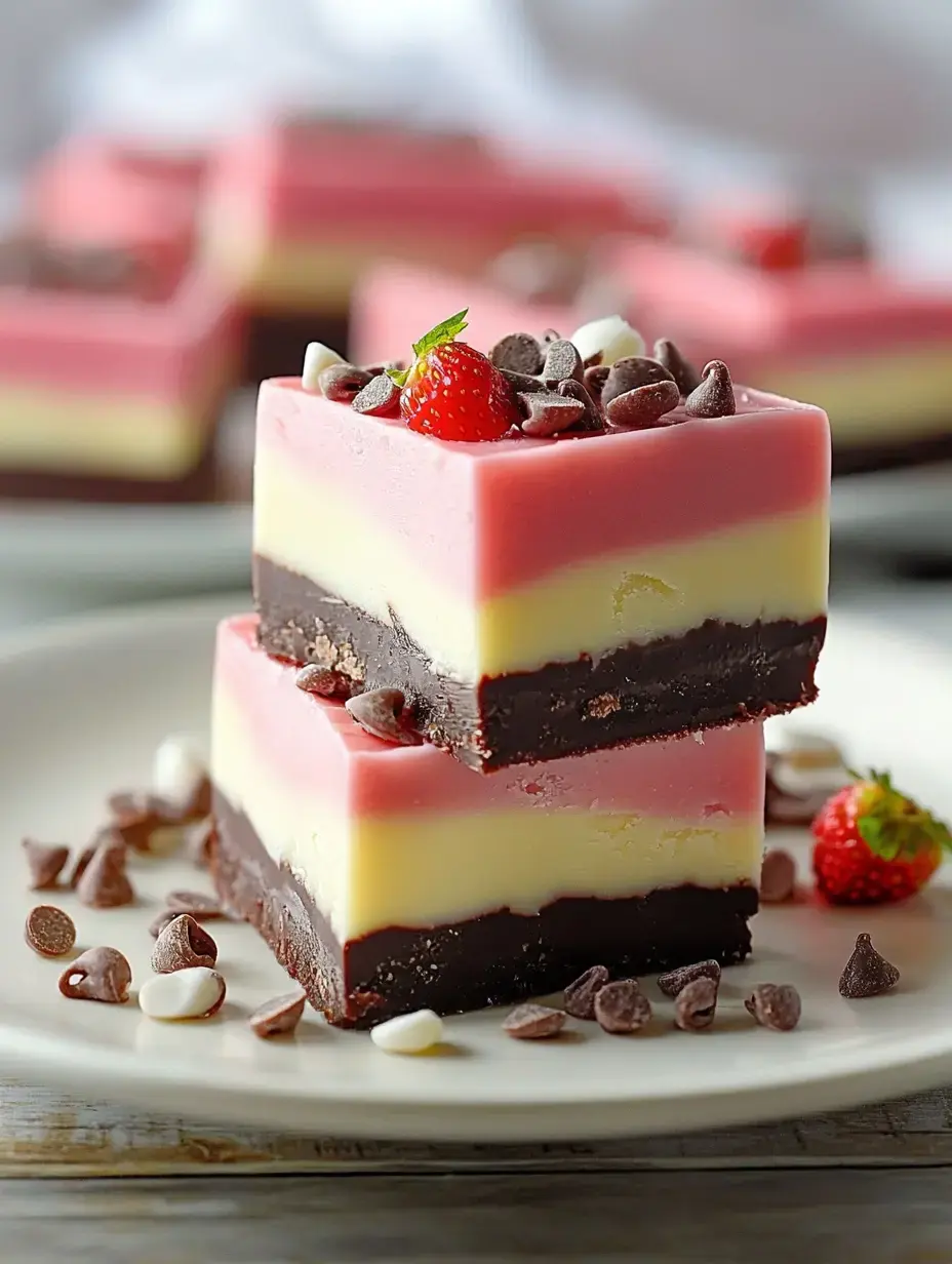 Gros plan sur des barres de dessert superposées avec des couches chocolat, blanche, rose et jaune, garnies de pépites de chocolat et d'une fraise.