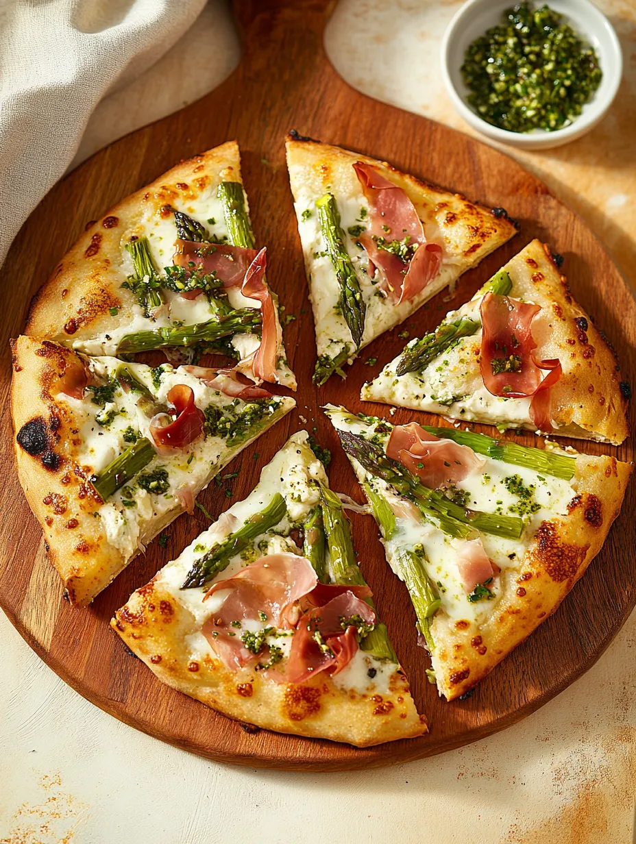Pizza blanche asperges jambon cru gremolata revisitée
