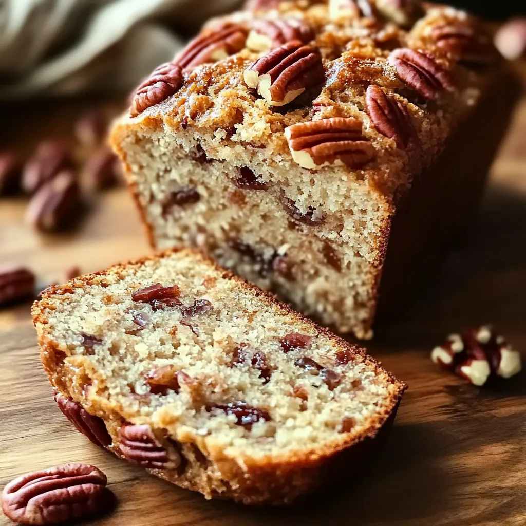 Une tranche de pain aux noix de pécan posée sur une surface en bois rustique, montrant sa texture moelleuse