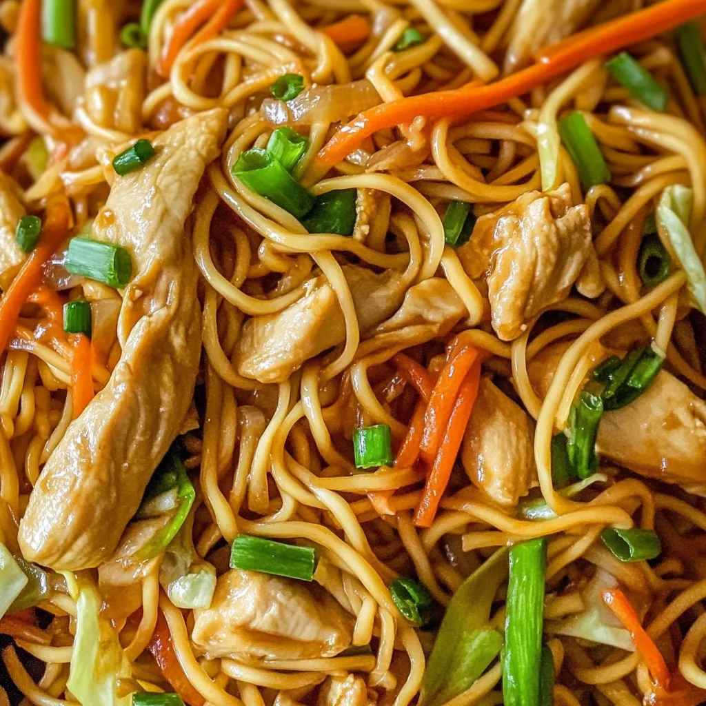Zoom sur le chow mein au poulet et sa sauce