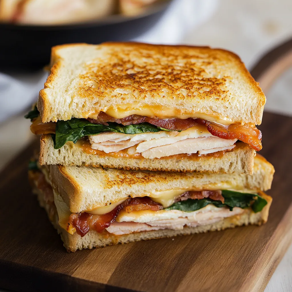 Délicieux sandwich dinde, bacon, cheddar fondant et épinards frais