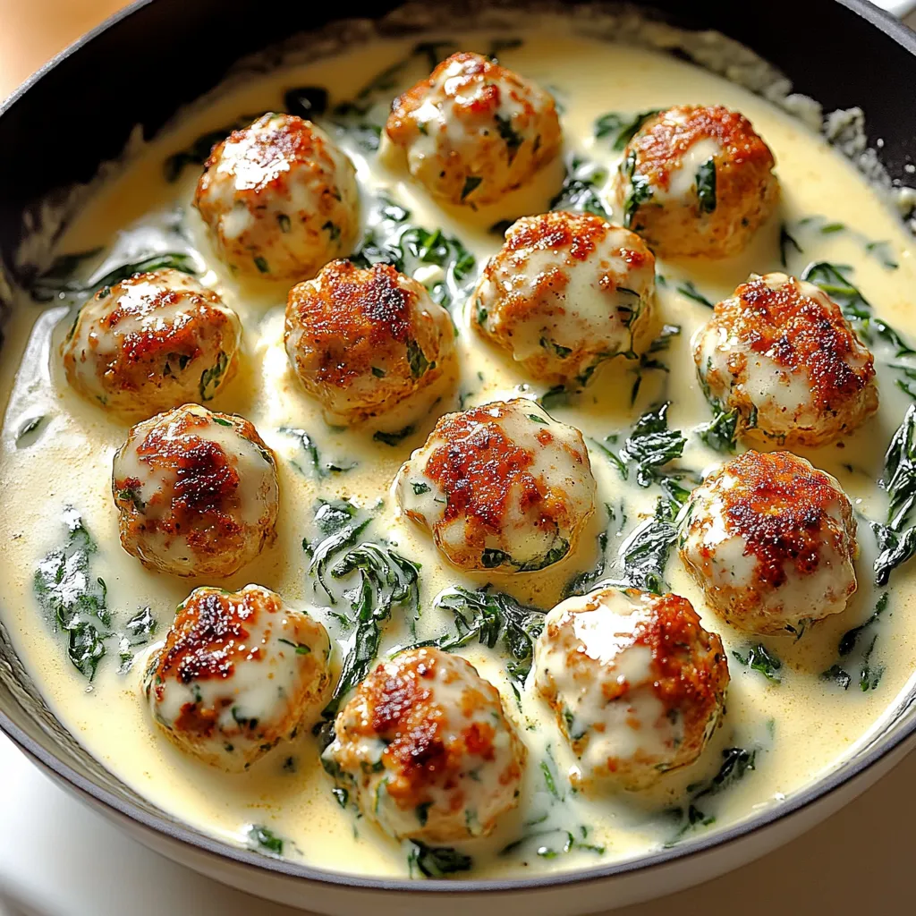 Boulettes dorées au poulet et ricotta avec une sauce crémeuse aux épinards