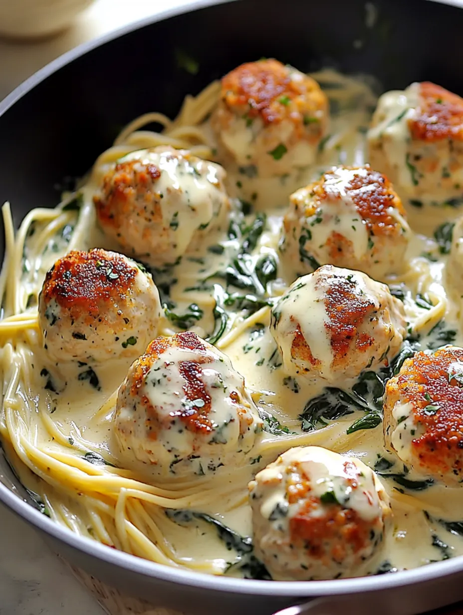 Meilleures boulettes de poulet à la ricotta au four avec sauce Alfredo aux épinards