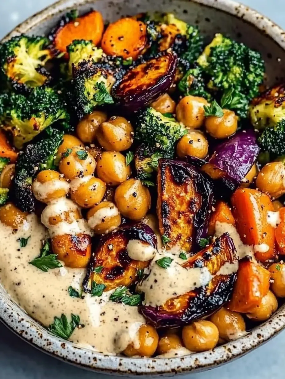 Bols de Légumes Rôtis et Pois Chiches avec Sauce Tahini Érable-Moutarde