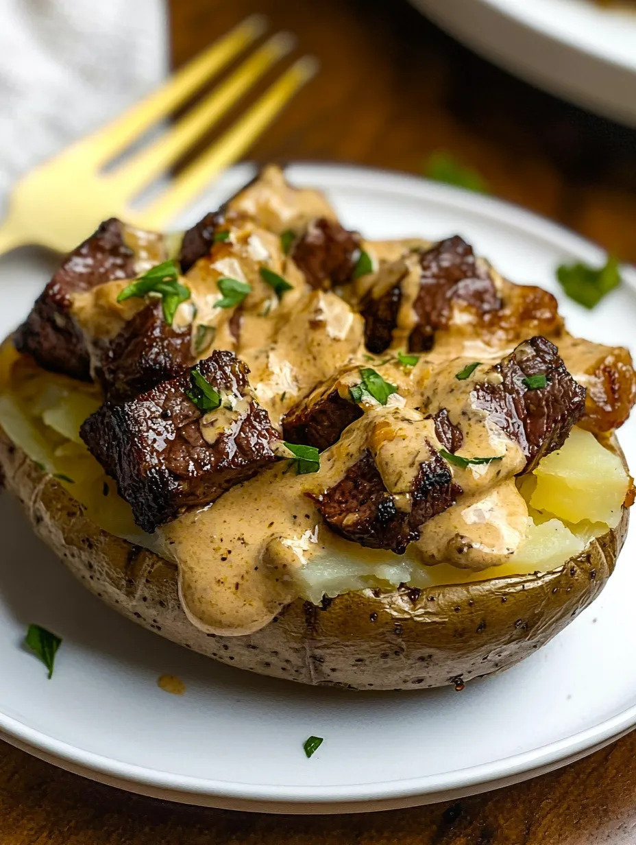 Pomme de terre farcie avec morceaux de bifteck au beurre à l'ail