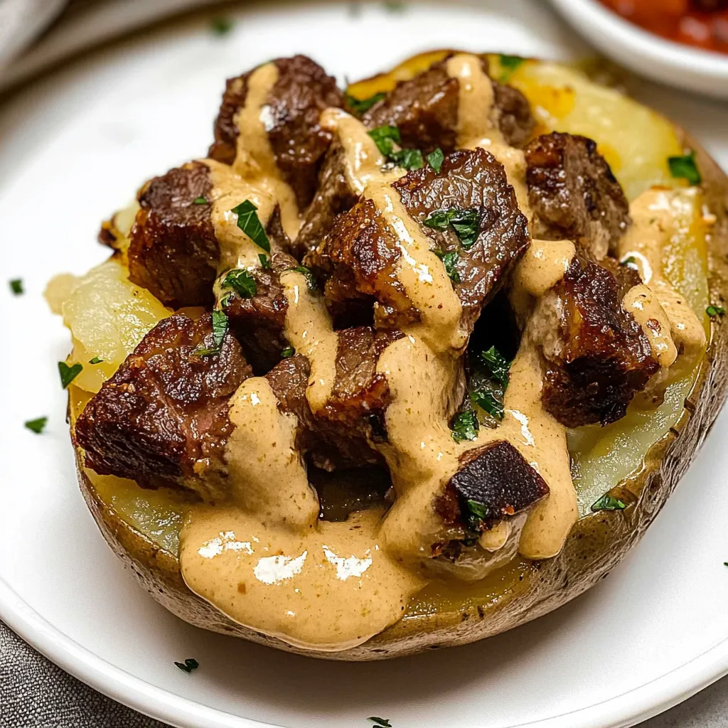 Délicieuses pommes de terre garnies avec morceaux de steak au beurre à l'ail et sauce fondante